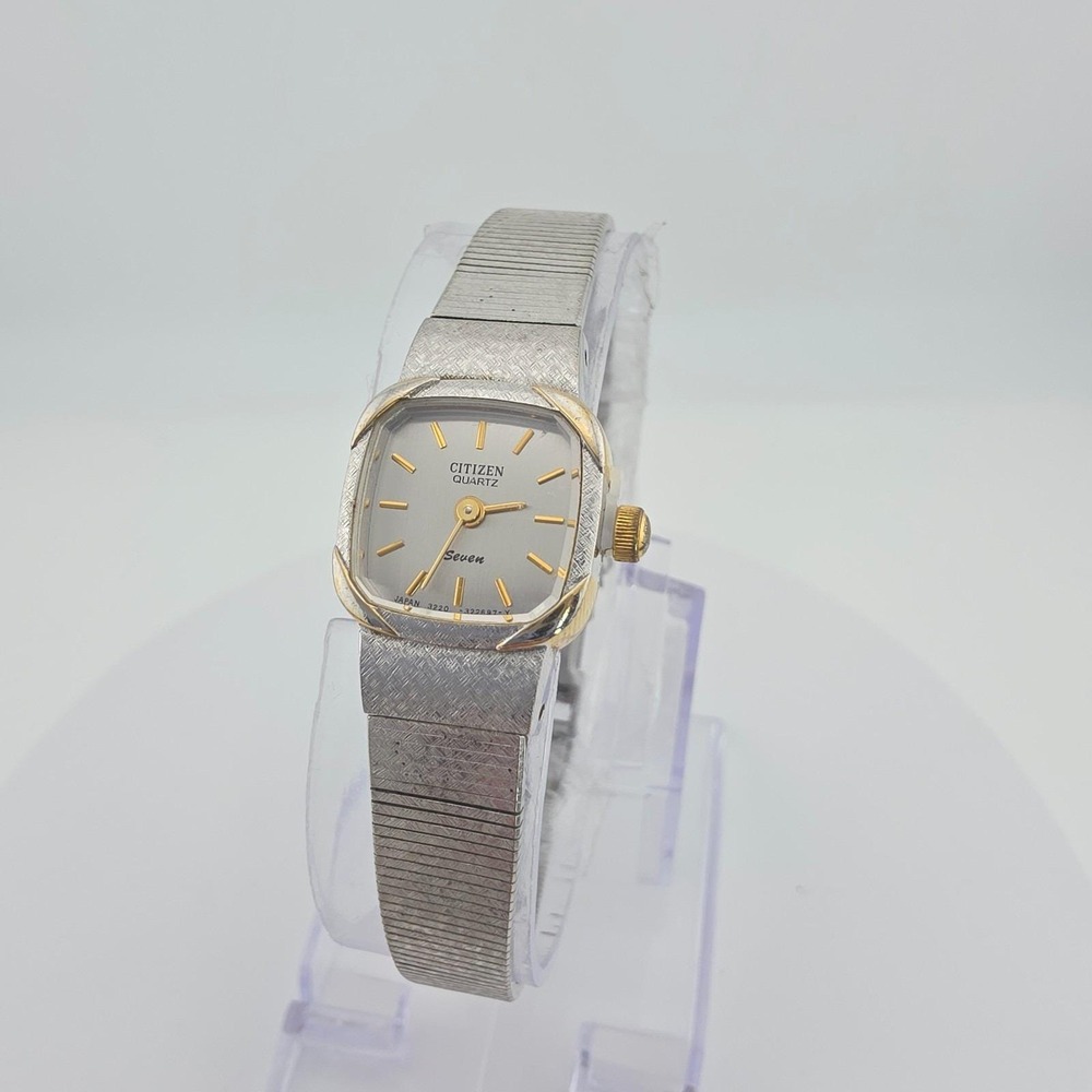 Vtg CITIZEN 'Seven' Ladies Watch 3220 Textured Stainless Steel Gold Tone 6.5"